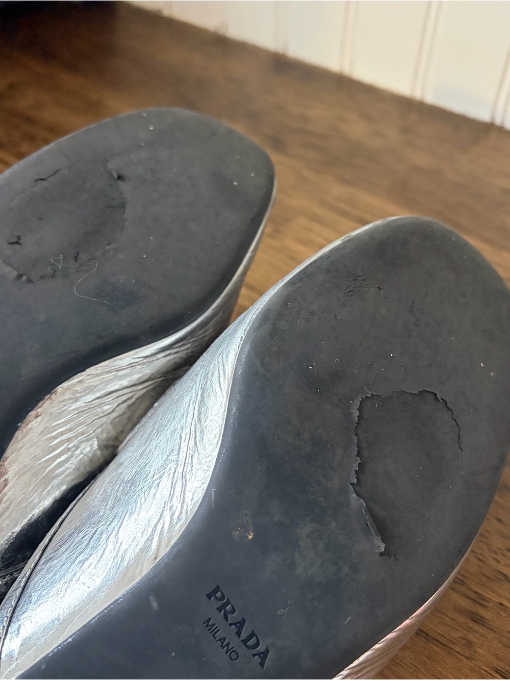PRADA Silver Metallic Leather Mules Loafer Slides size 7 37.5 - Picture 9 of 12